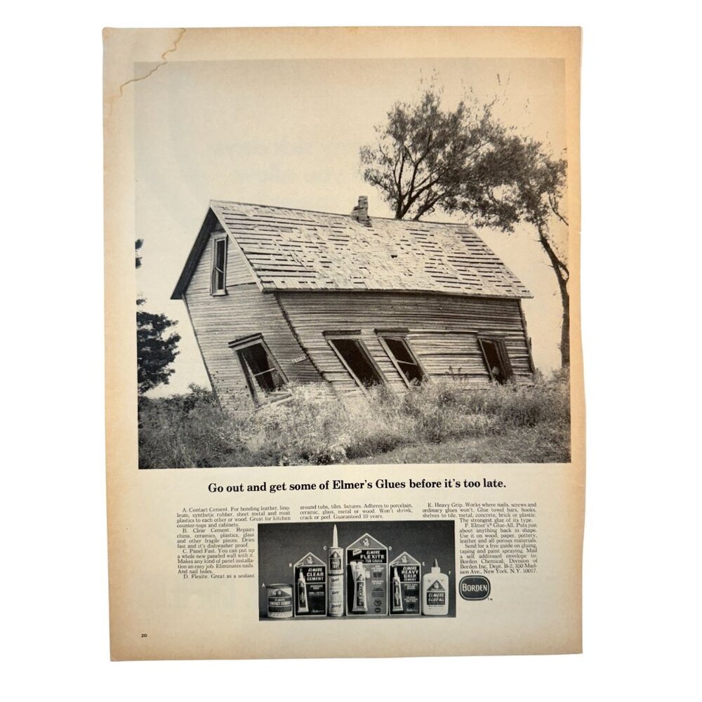 Vintage 1969 Borden Elmers Glue Old House Advertisement Print Ad